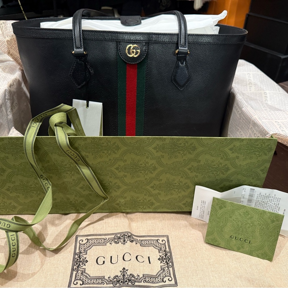 Authentic Gucci Black Tote Bag with Green and Red Stripe, includes organizer